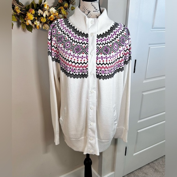 TALBOTS Thermolite® Modern Fair Isle Snap Front Sweater Jacket NWT Sz XL - Picture 2 of 12